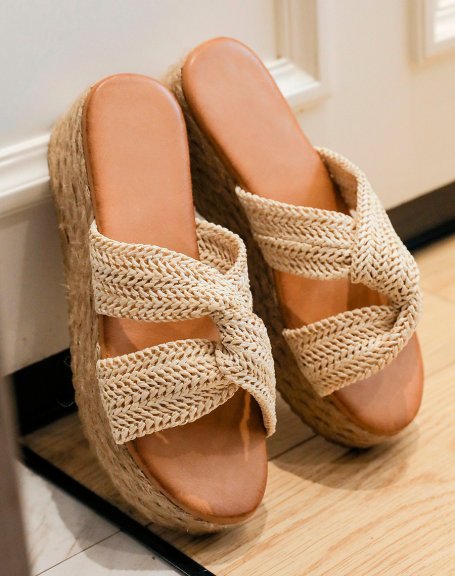 Mules with crossed straps in beige rope and thick hessian sole