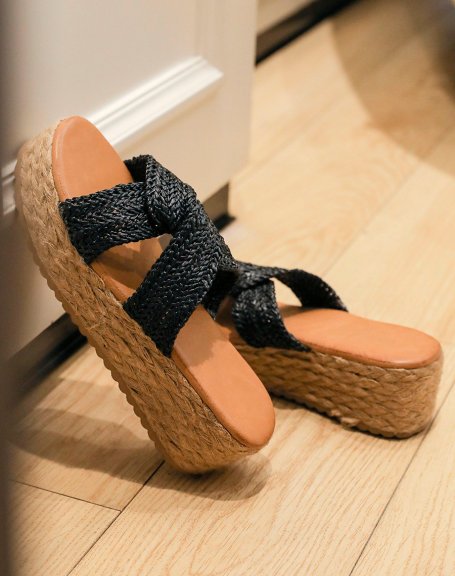 Mules with crossover straps in black rope and thick hessian sole