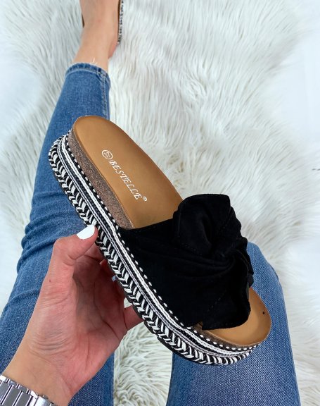 Mules with wide strap in black suede and Aztec pattern