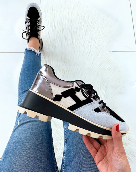 Multicolor black sneakers with metallic heel