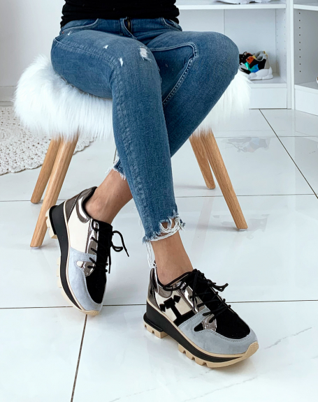 Multicolor black sneakers with metallic heel