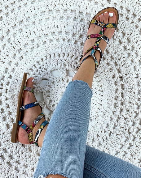 Multicolored flat sandals with python straps