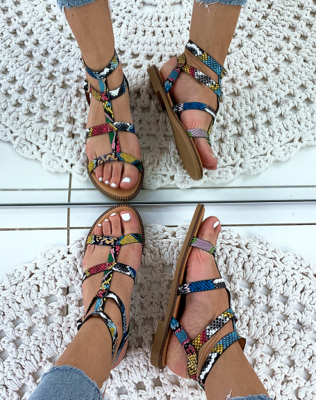 Multicolored flat sandals with python straps