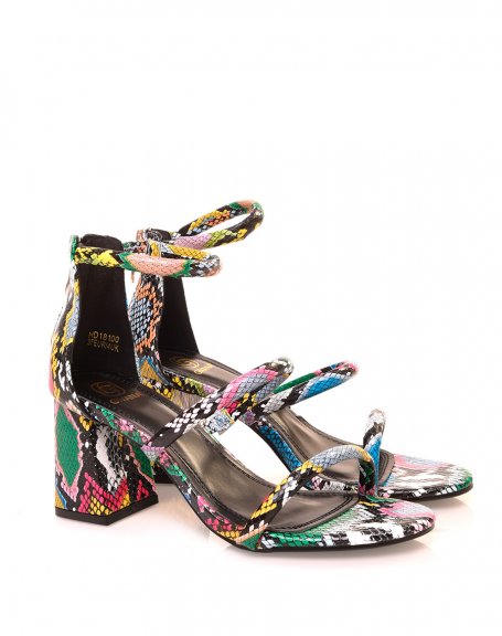 Multicolored python-effect sandals with multiple straps and square heels