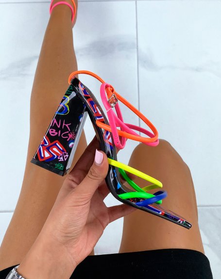 Multicolored sandals with square heels and thin crisscrossing straps