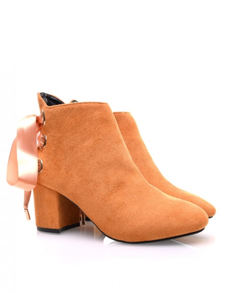 Mustard ankle boots mid high heels with satin laces