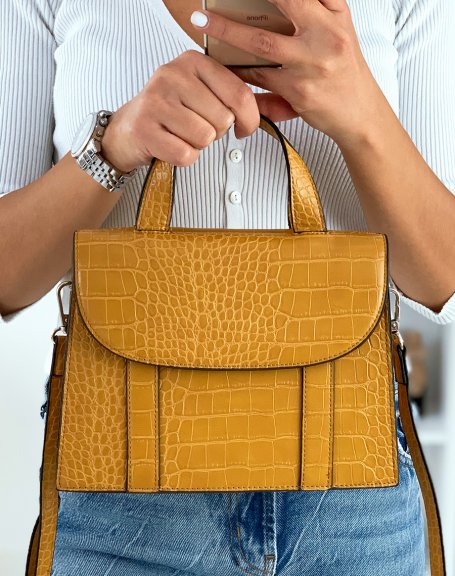 Mustard croc-effect trapeze handbag with double opening