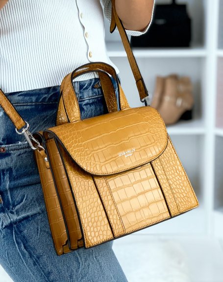 Mustard croc-effect trapeze handbag with double opening