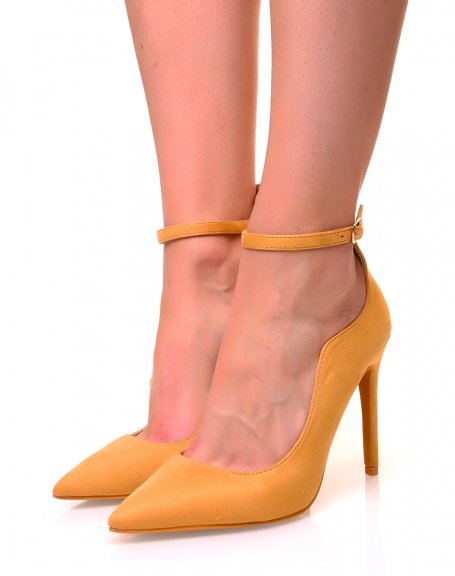 Mustard suede pumps with pointed toes and thin straps