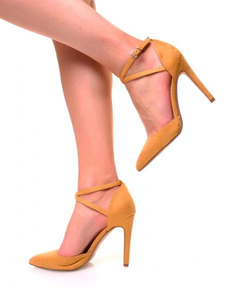 Mustard suedette pumps with stiletto heels and crossed straps