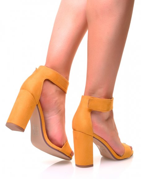 Mustard suedette sandals with square heels and velcro straps