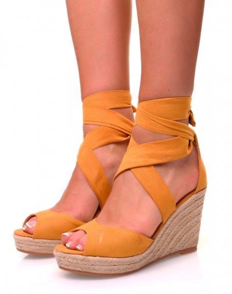 Mustard suedette wedge heel sandals