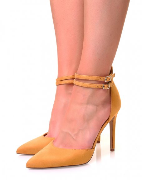 Mustard yellow pumps with pointed toe double straps and stiletto heels