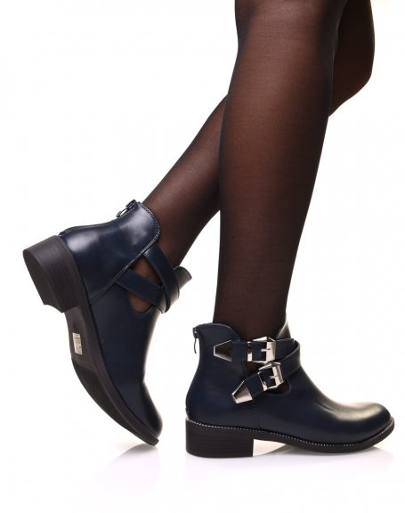 Navy blue openwork ankle boots with interwoven straps
