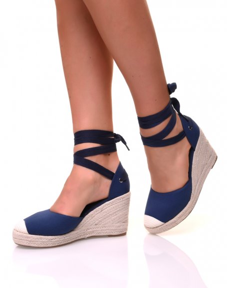 Navy canvas wedge espadrilles with ribbons