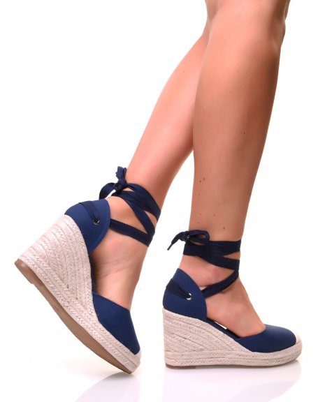 Navy canvas wedge espadrilles with ribbons