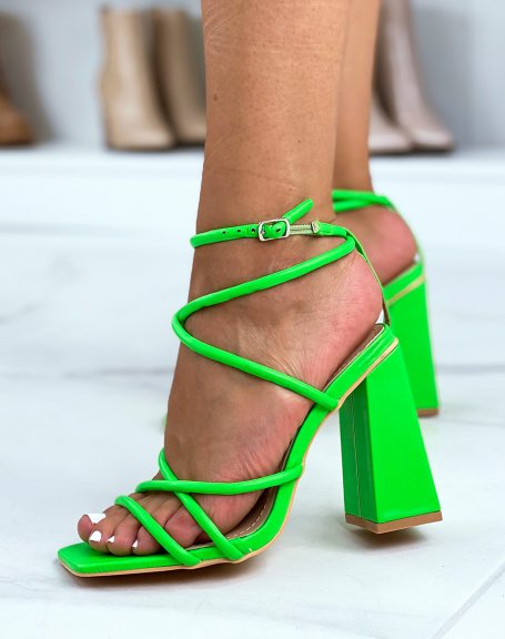 Neon green heeled sandals with multiple straps
