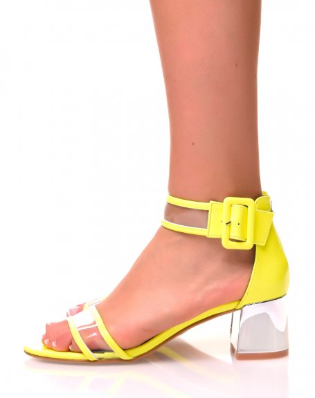 Neon yellow sandals with small square heels with patent and transparent effect