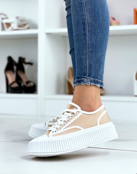 Nude and white low-top sneakers with thick sole