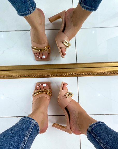 Nude heeled mules with gold chain