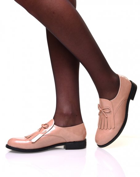 Nude patent derbies with fringe and bow