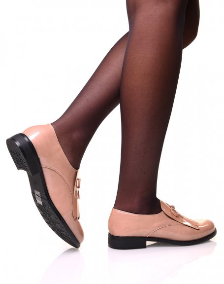 Nude patent derbies with fringe and bow