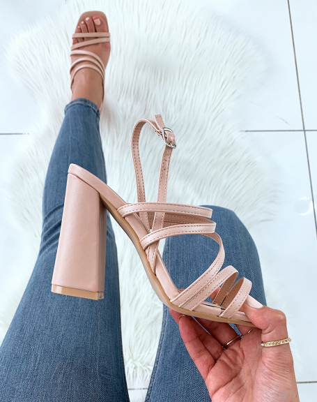 Nude pink sandals with multiple straps and block heels