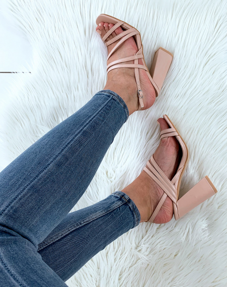 Nude pink sandals with multiple straps and block heels