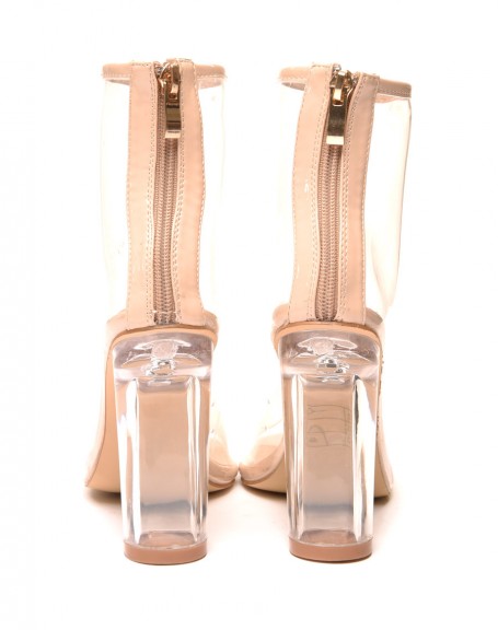 Nude transparent ankle boots with round transparent heel