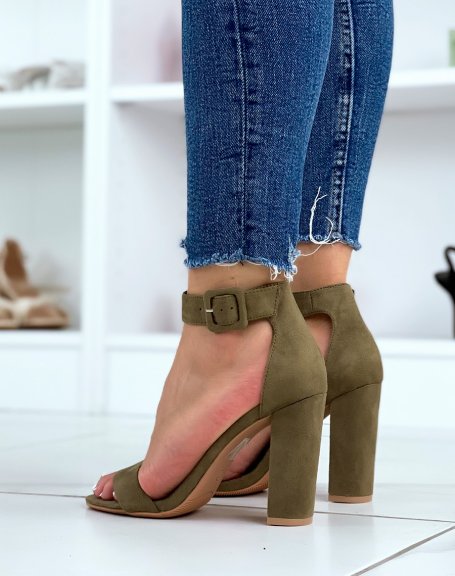 Olive green heeled sandals with square buckle