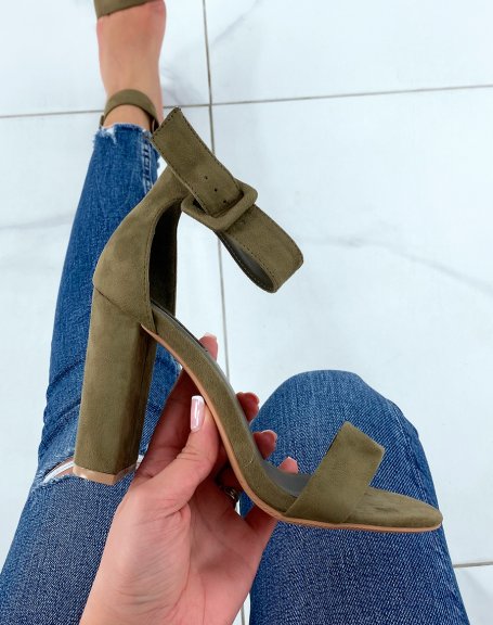 Olive green heeled sandals with square buckle