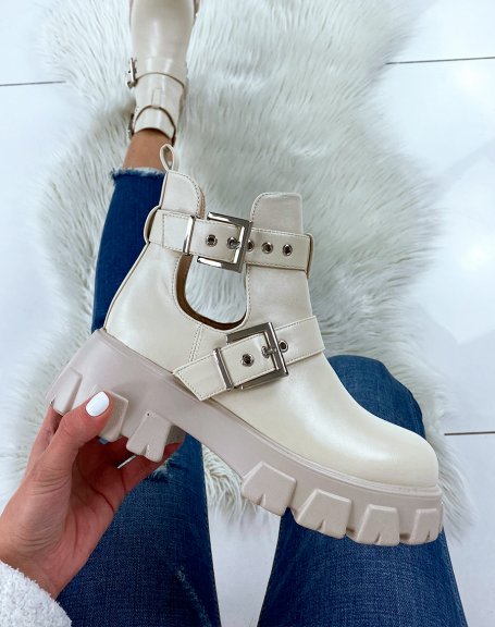 Open beige ankle boots with double straps