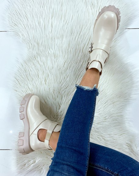 Open beige ankle boots with double straps