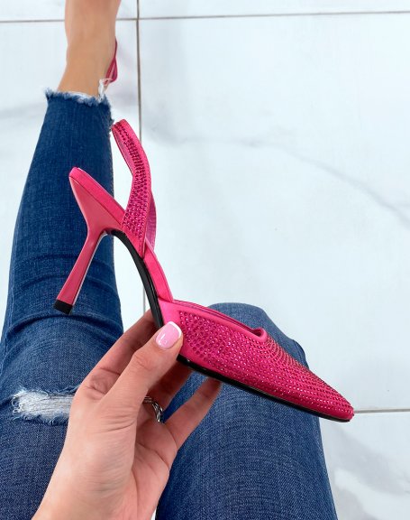 Open-toe fushia pink court shoes with rhinestones