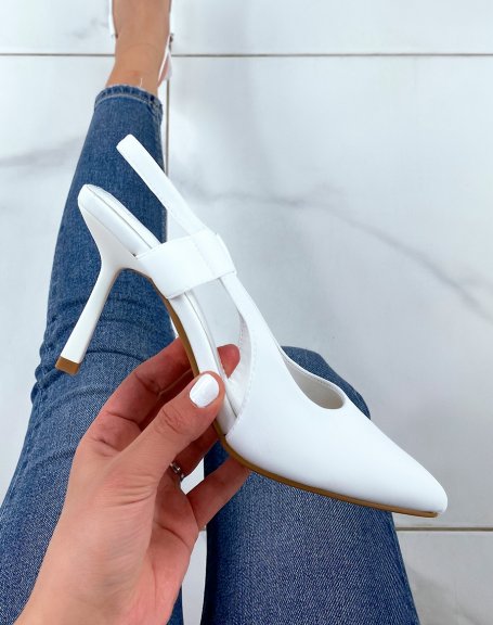 Open white fabric pumps with stiletto heel