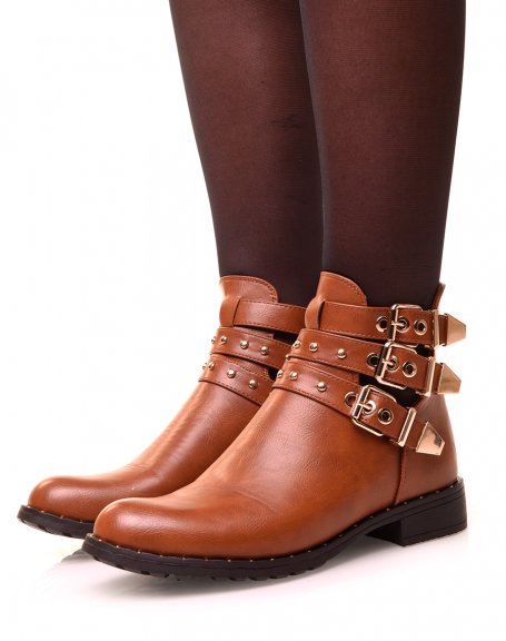 Openwork camel ankle boots with golden straps