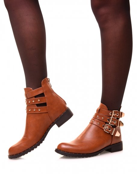 Openwork camel ankle boots with golden straps