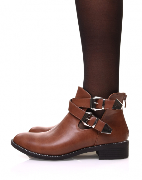 Openwork camel ankle boots with interwoven straps