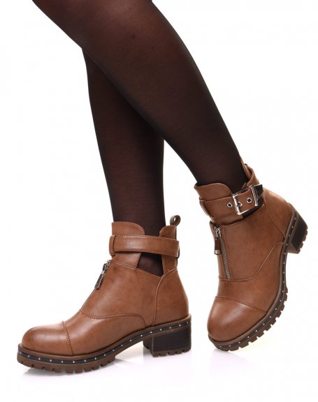 Openwork camel ankle boots with strap