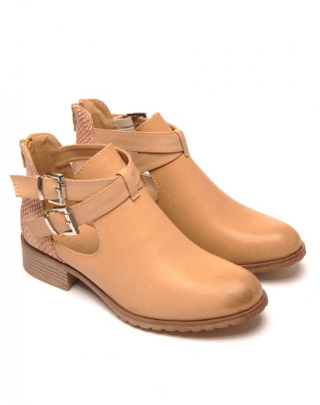 Openwork camel ankle boots with straps