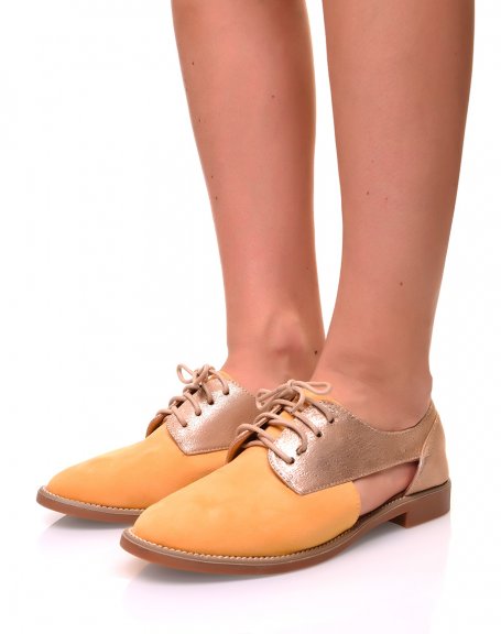 Openwork derby shoes in yellow and gold suede