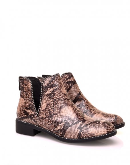 Openwork python-effect ankle boot with round studs