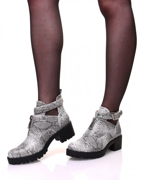 Openwork python-effect ankle boots with straps and zippers