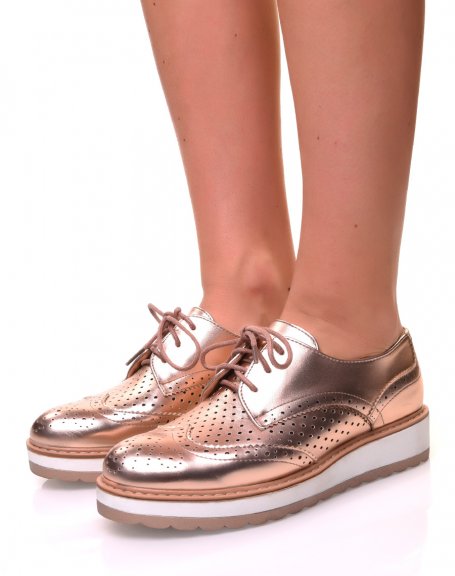 Openwork rose gold derby shoes with wedge soles