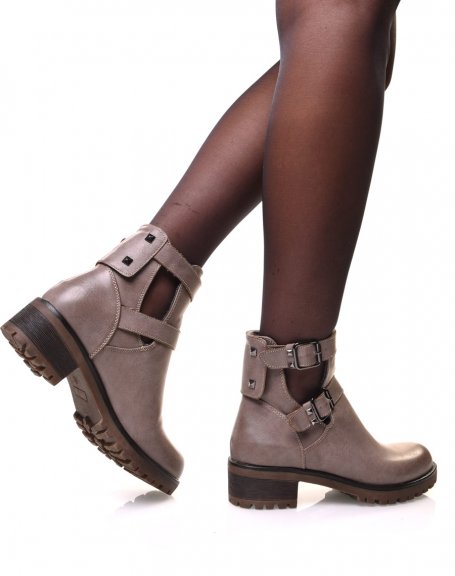 Openwork taupe ankle boots with straps