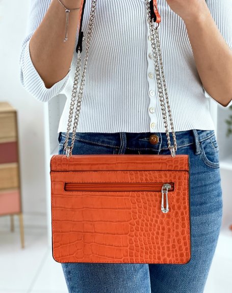 Orange croc-effect bag with silver chain shoulder strap