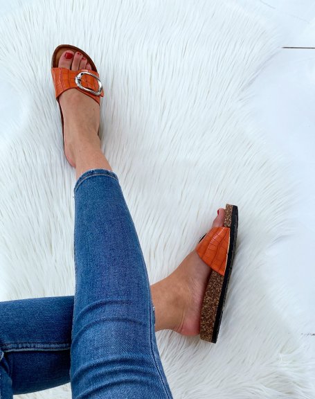 Orange croc-effect mules with buckles and anatomical soles