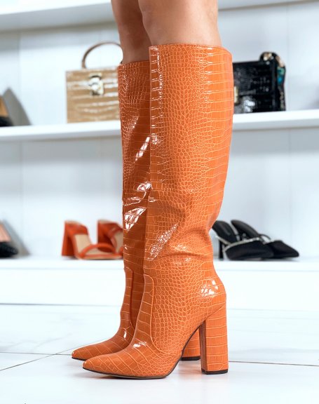 Orange croc-effect pointed heel boots