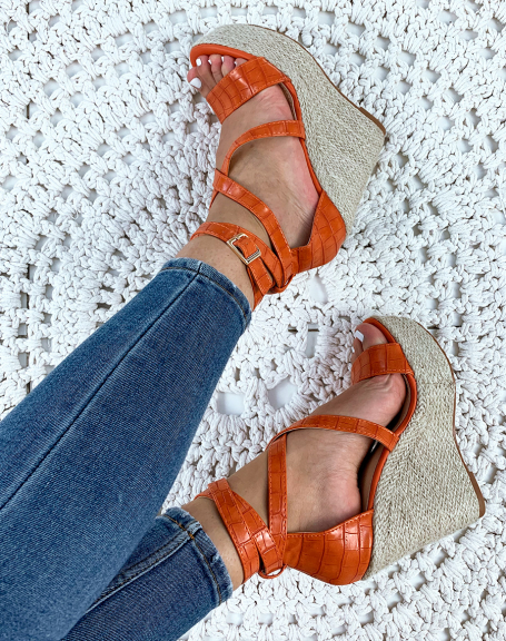 Orange croco wedge sandals