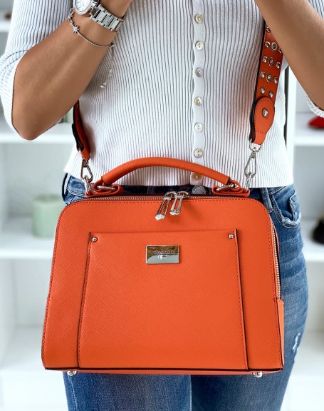 Orange Double Pocket Satchel Style Handbag